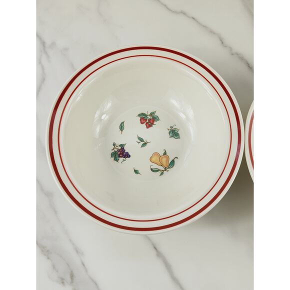 Stone Ware Cereal Bowl 7" Fruit Design Strawberry Grapes Pear Cream Red Trim x2 - Picture 3 of 12